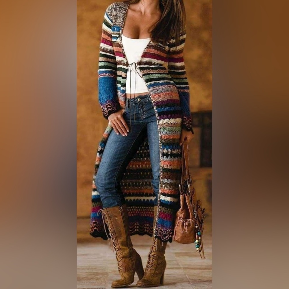Relais Boho Long Knit Cardigan Duster Multicolor Striped Belted Festival XS-M